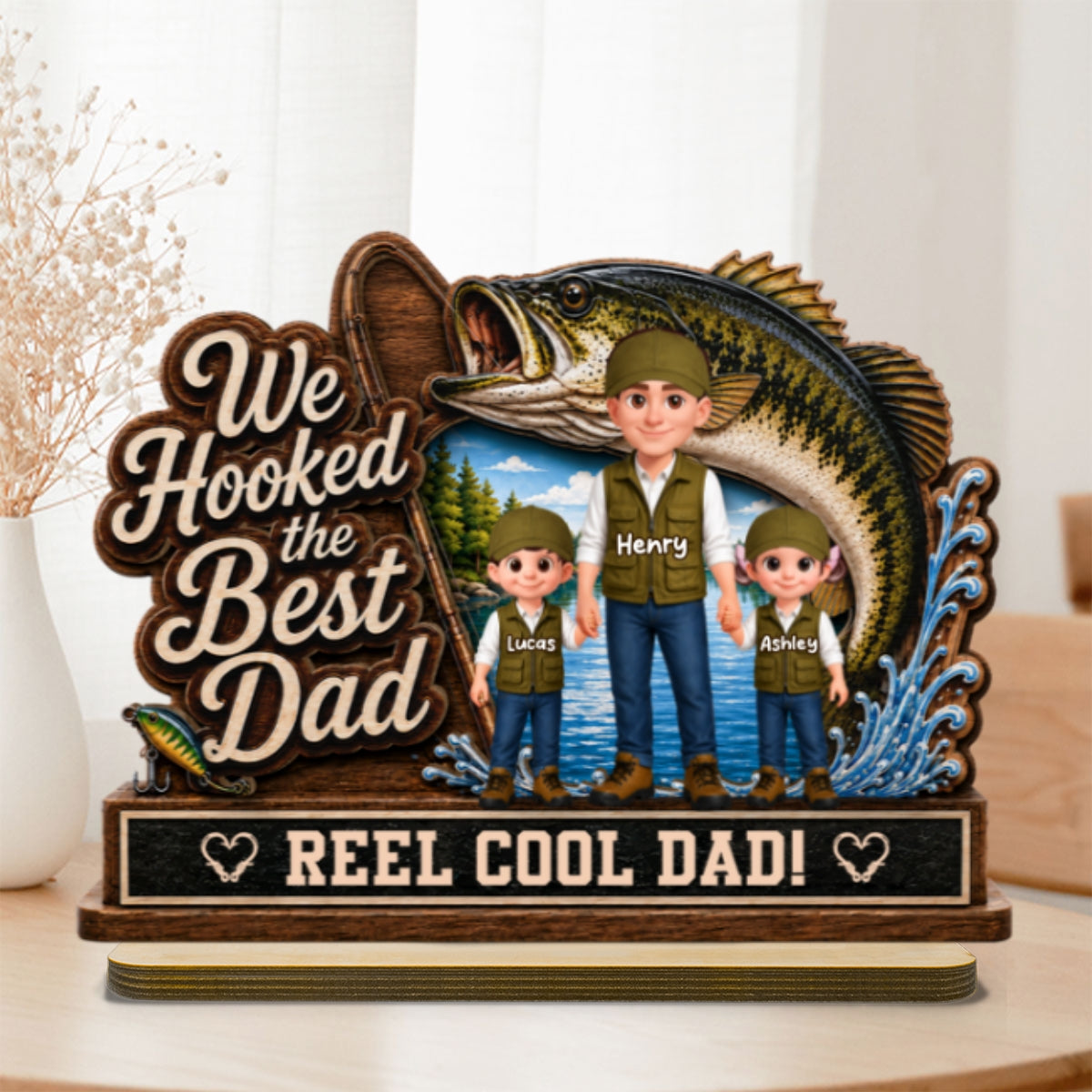 We Hooked The Best Dad Fishing Man & Kids 2D Flat - Personalized 2-Layered Wooden Plaque -  Gift For Fishing Dad