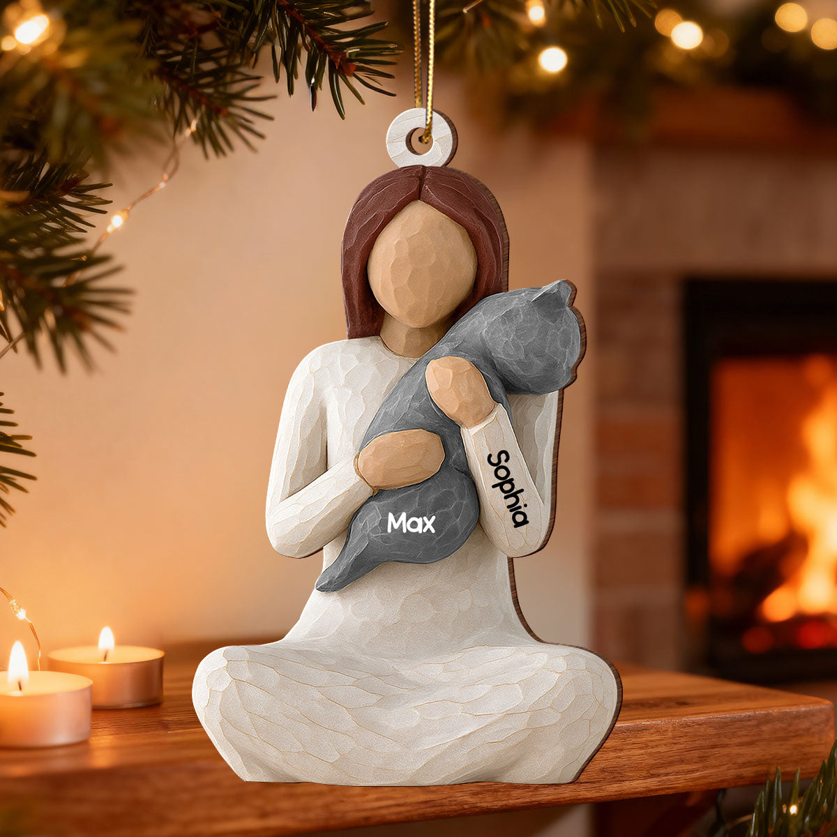 3D Effect Woman Hugging Cat - Personalized Wooden Ornament - Christmas Gift For Cat Lovers, Cat Mom