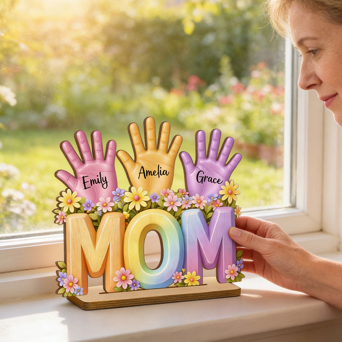 Mom And Kids Hand Print - Personalized 2-Layered Wooden Plaque - Heartfelt Mother's Day Gift for Mom, Wife