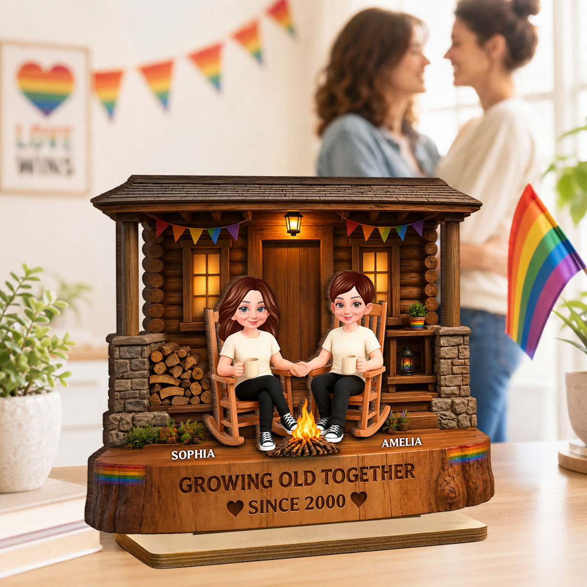 LGBT+ Couple Sitting On Front Porch - Personalized 2-Layered Wooden Plaque - Gift For Couple, Happy Pride Month