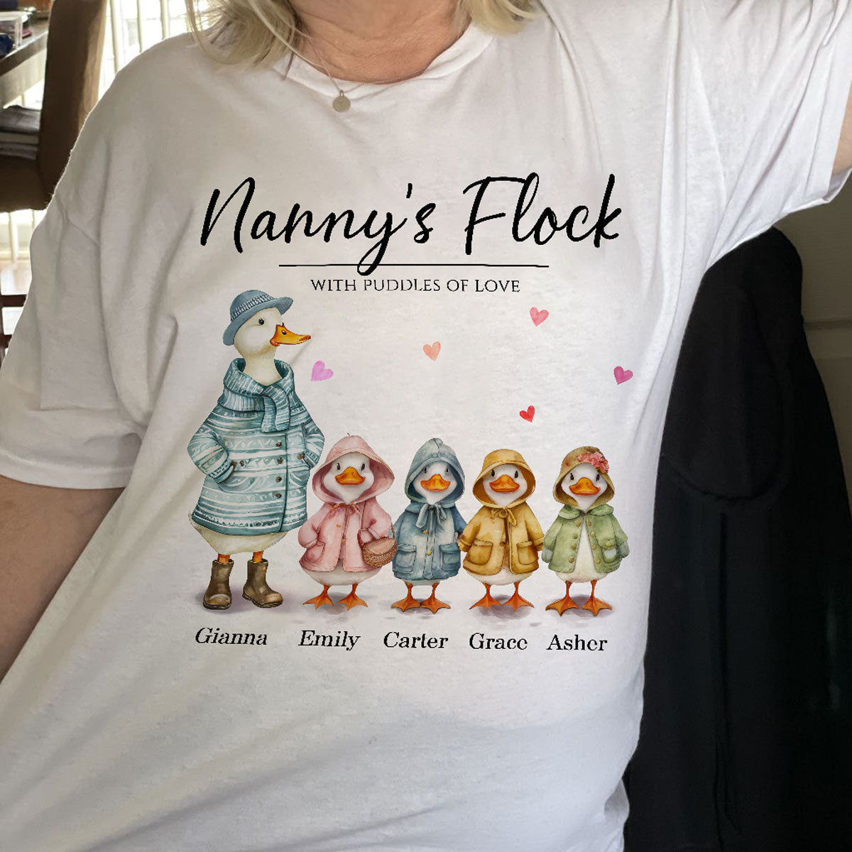 Nanny's Flock Gift For Grandma Nana Grammy Cute Watercolor Ducks Personalised Shirt, Mother's Day Gift