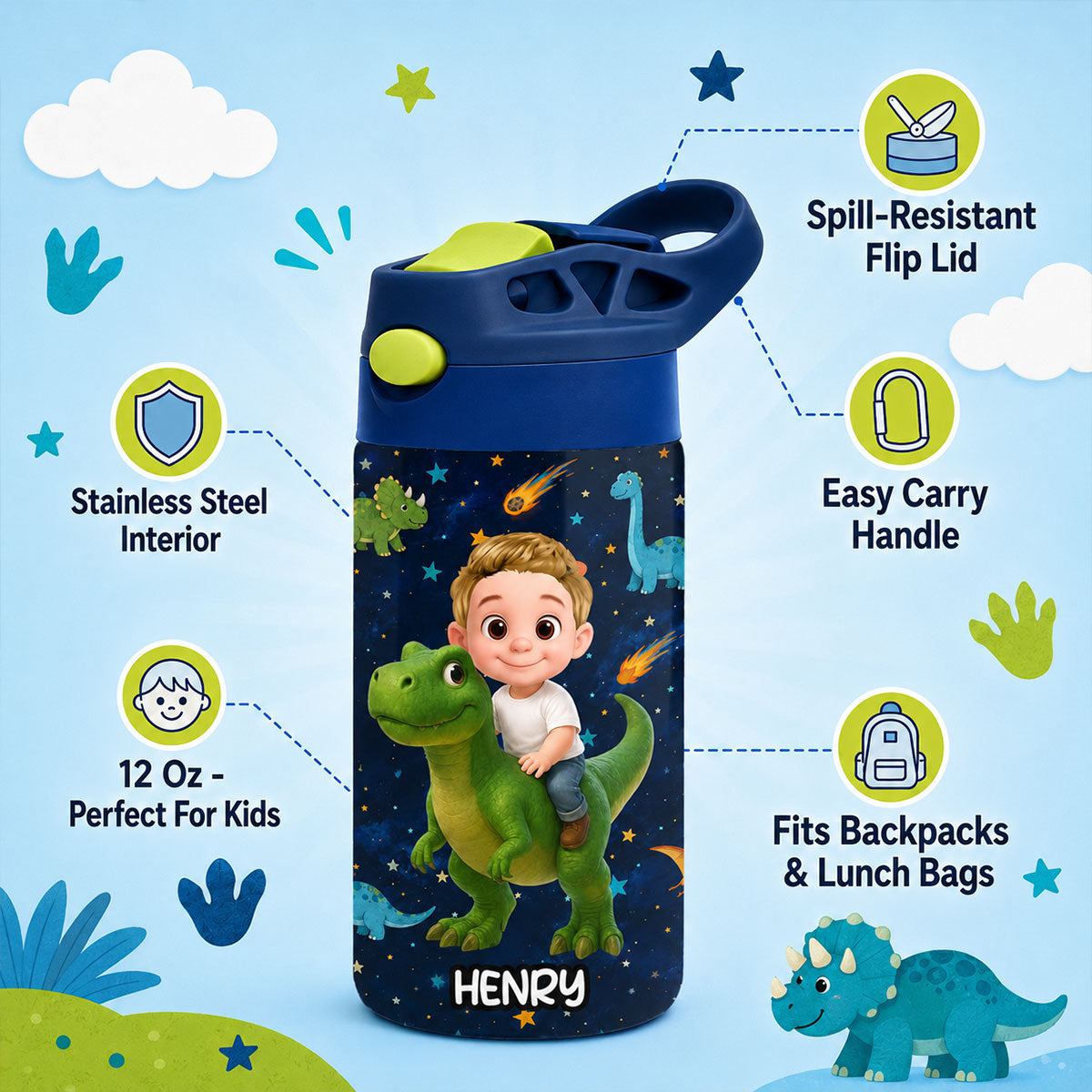 Dinosaur Adventure for Boys Girls - Personalized Kid Water Bottle - Back to School Gift for Kids