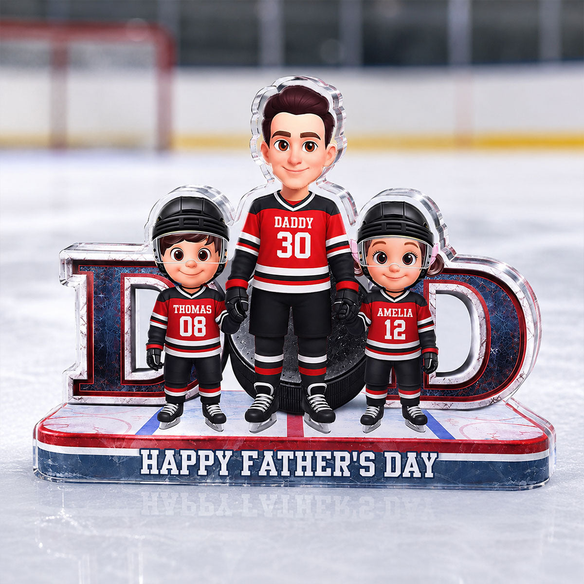 Hockey Dad And Kids Together Front View - Personalized Acrylic Block Plaque -  Gift For Dad, Husband