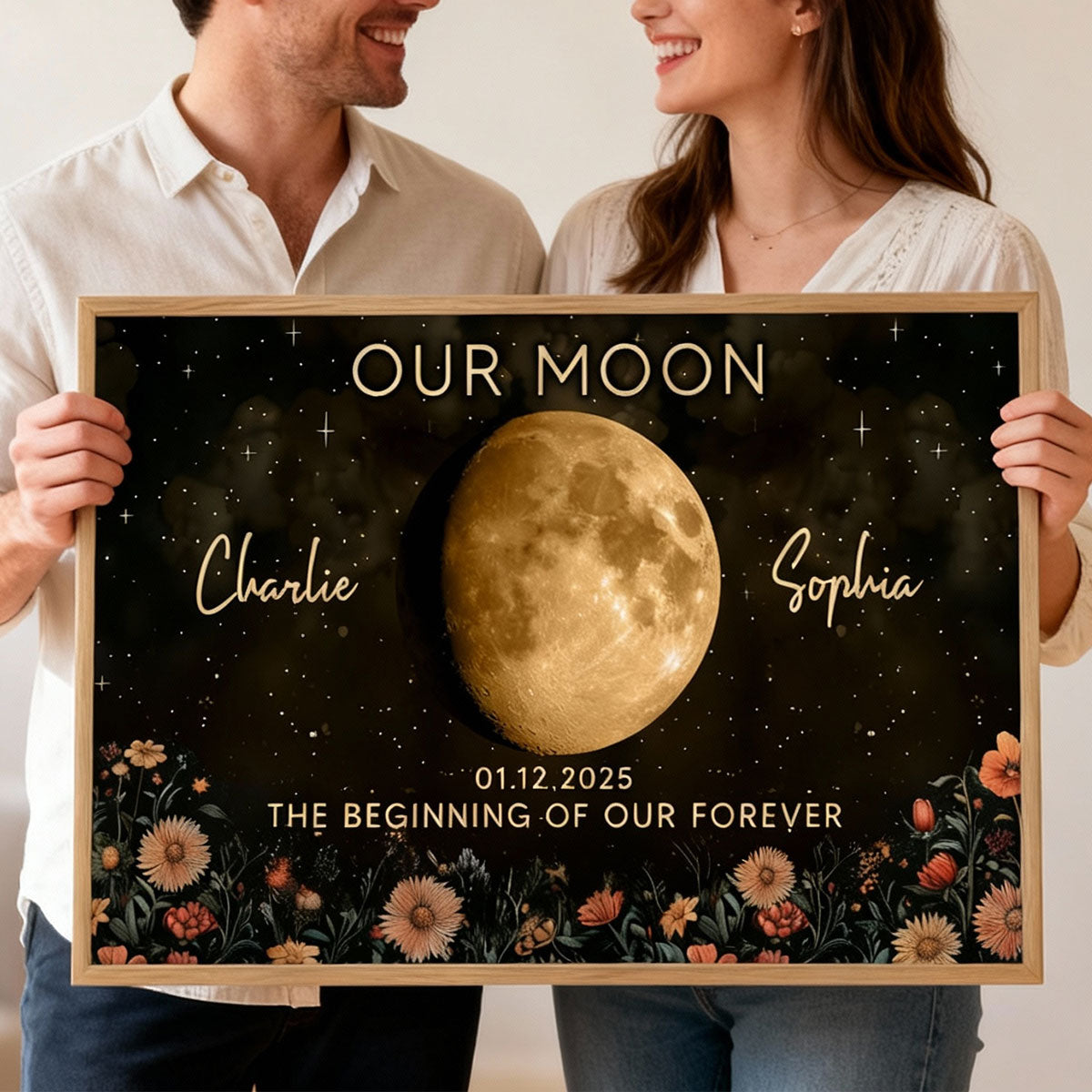 Night Sky Love Story Couple Custom Moon Phase Anniversary Date - Personalized Poster - Heartfelt Anniversary Gift, Valentine Gift, Wedding Gift For Couple