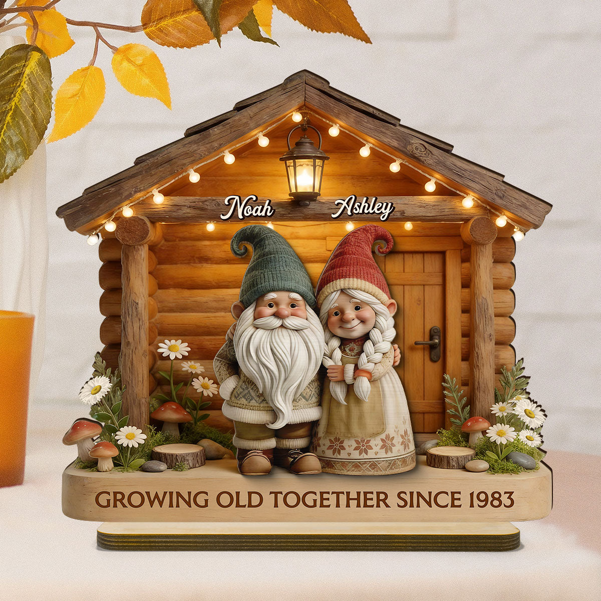 Eternal Love Gnome Couple At Wooden Cabin - Personalized 2-Layered Wooden Plaque - Heartfelt Gift For Couple