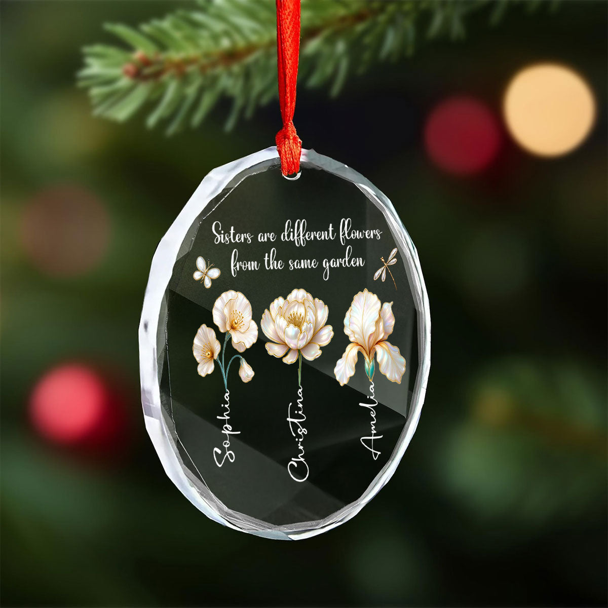 3D Effect Birth Flowers Sisters From The Same Garden - Personalized Glass Ornament - Birthday Christmas Just Because Gift For Sisters, Besties