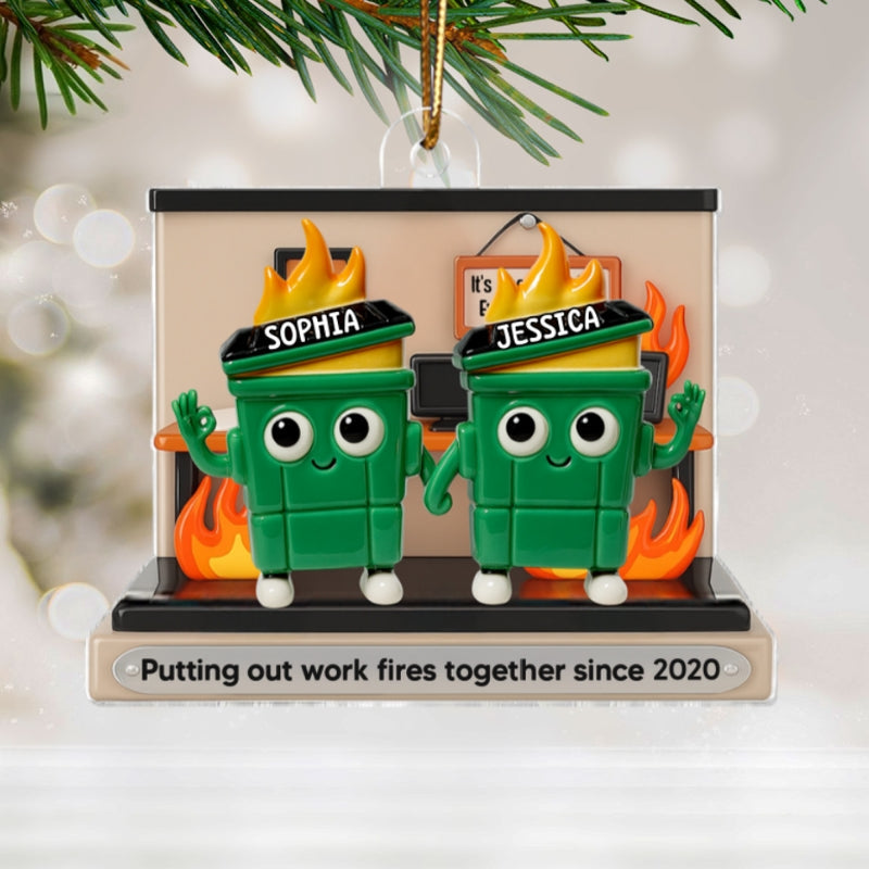 [BUY 1 GET 1 FREE] 3D Effect Dumpster Fires In Office Scene - Personalized Acrylic Ornament - Funny Gift For Colleagues, Work Besties