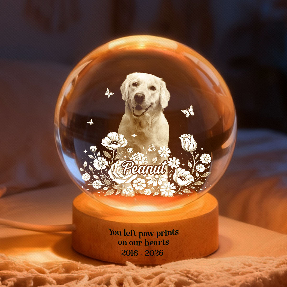 Custom Pet Portrait - Personalized Crystal Ball LED Night Light - Heartfelt Gift for Pet Lovers, Memorial Gift, Pet Remembrance