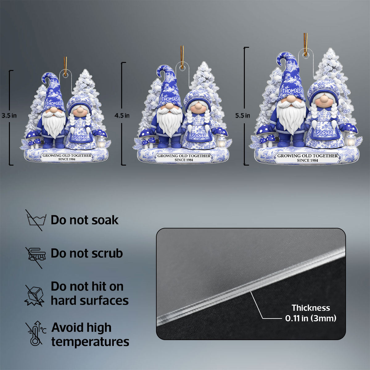 3D Effect Standing Gnome Couple Toile De Jouy Pattern - Personalized Acrylic Ornament