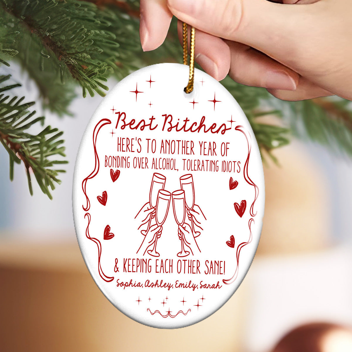 Christmas Red Tone Funny Besties - Personalized Ceramic Ornament - Gift For Best Friends