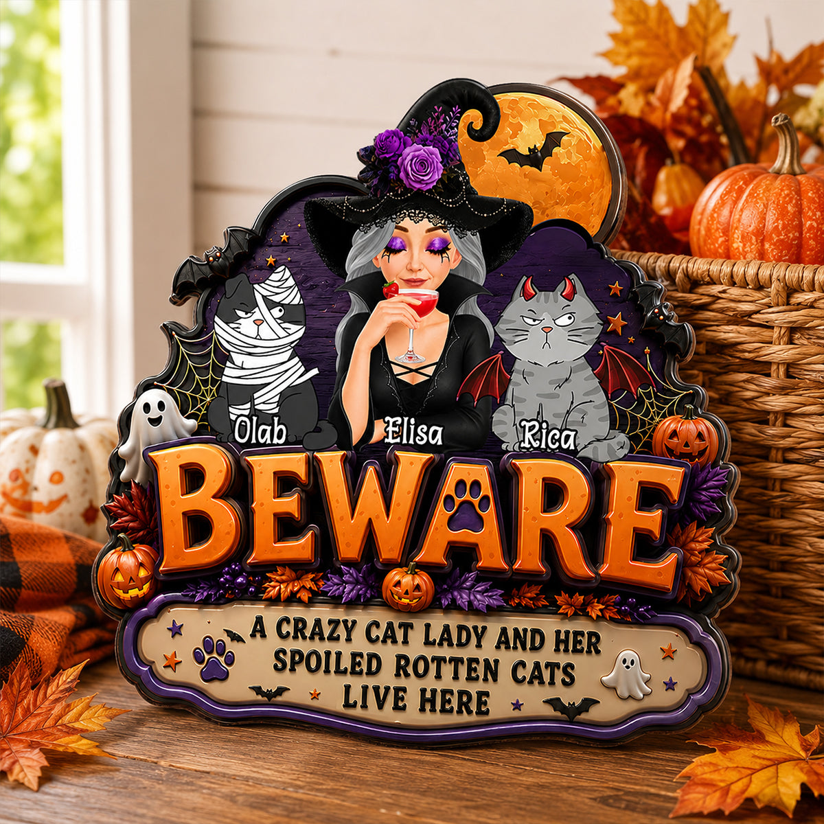 A Crazy Cat Lady And Her Spoiled Rotten Cats Live Here - Personalized Wood Sign - Halloween Decor Gift, Gift For Cat Lovers