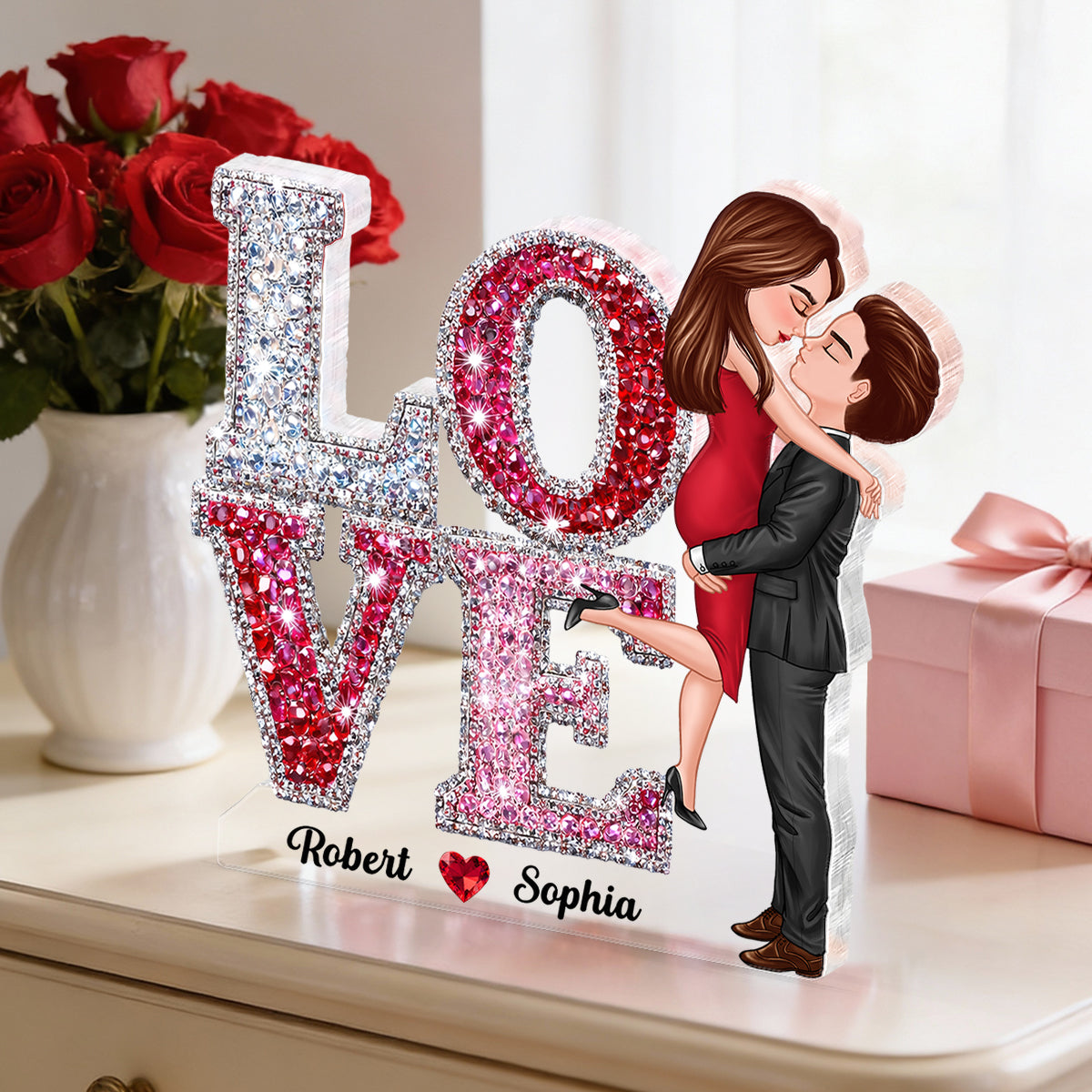 3D Effect Rhinestones Couple Love - Personalized Acrylic Block Plaque - Heartfelt Gift for Her, for Him