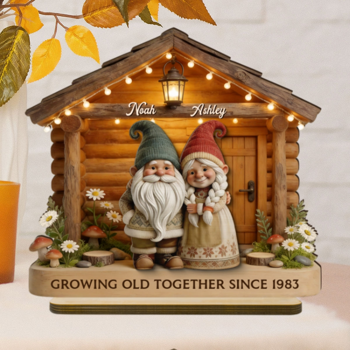 Eternal Love Gnome Couple At Wooden Cabin - Personalized 2-Layered Wooden Plaque - Heartfelt Gift For Couple