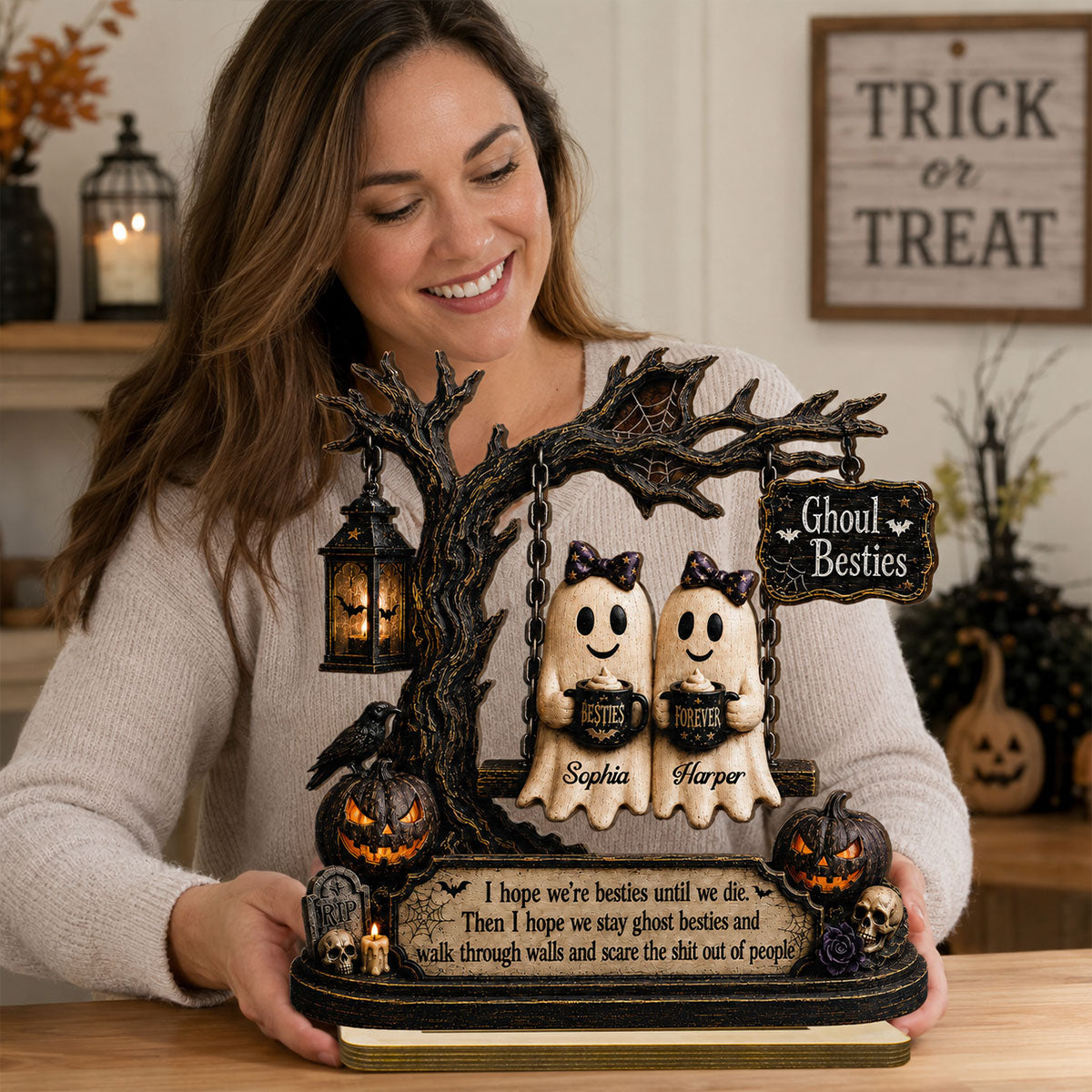 Ghost Besties On Swing Friends Until We Die 2D Flat - Personalized 2-Layered Wooden Plaque - Funny Work Bestie Gift, Halloween Keepsake For Best Friends