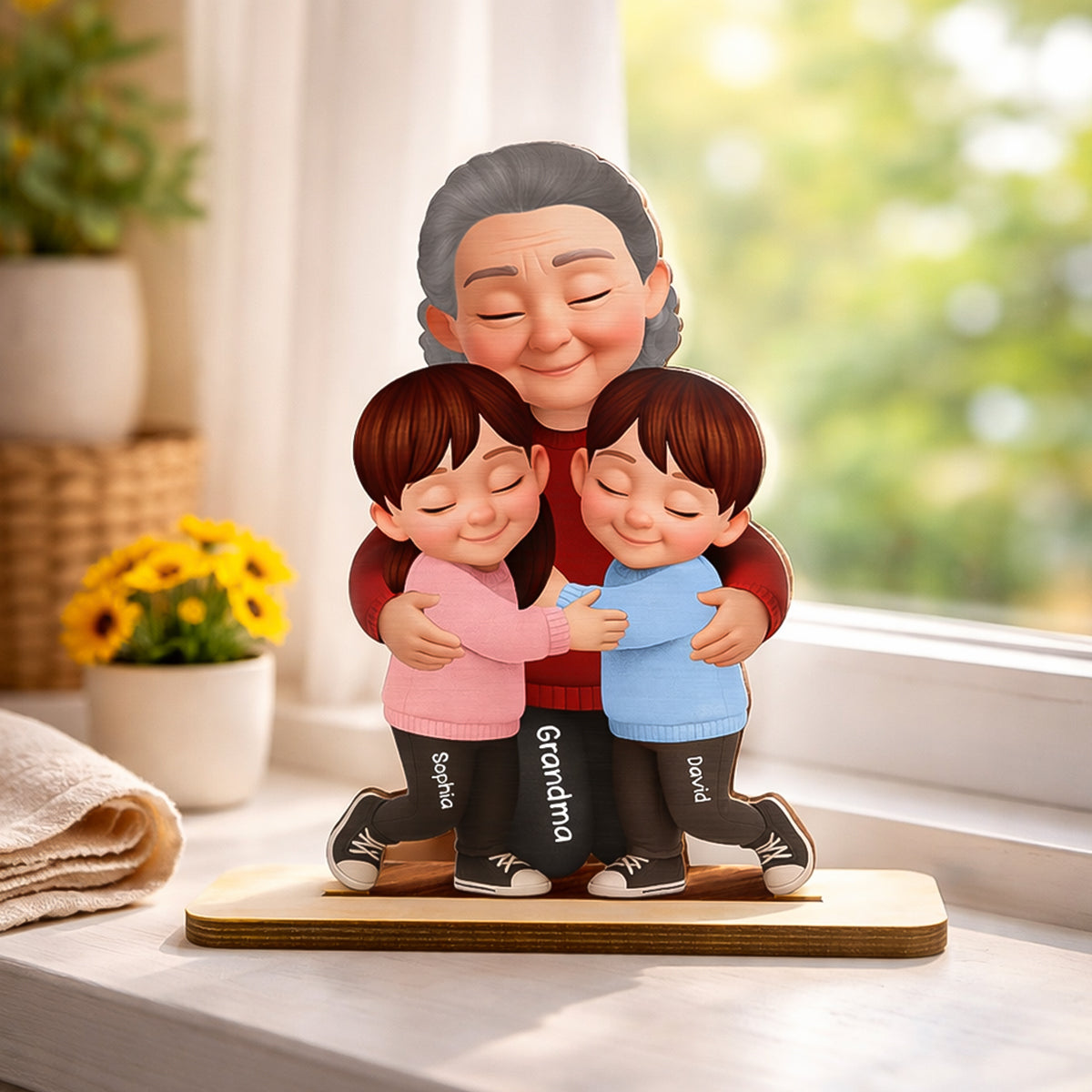 Grandma Hugging Grandkids - Personalized 2-Layered Wooden Plaque - Heartfelt Gift for Grandma