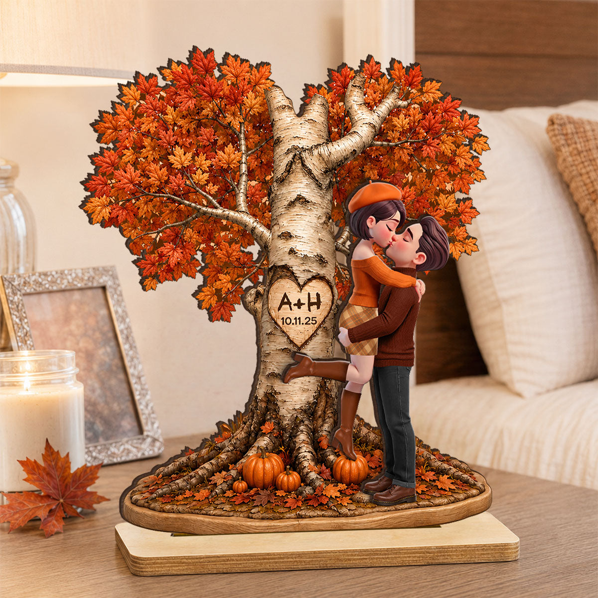 Fall Season Love Tree - Personalized 2-Layered Wooden Plaque - Heartfelt Anniversary Wedding Gift for Her, for Him