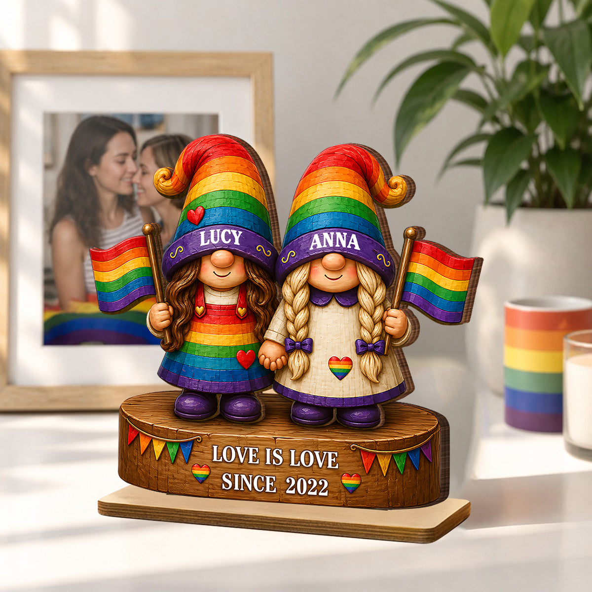 Love Is Love Rainbow Gnome Couple - Personalized 2-Layered Wooden Plaque - Gift For Couple, Happy Pride Month