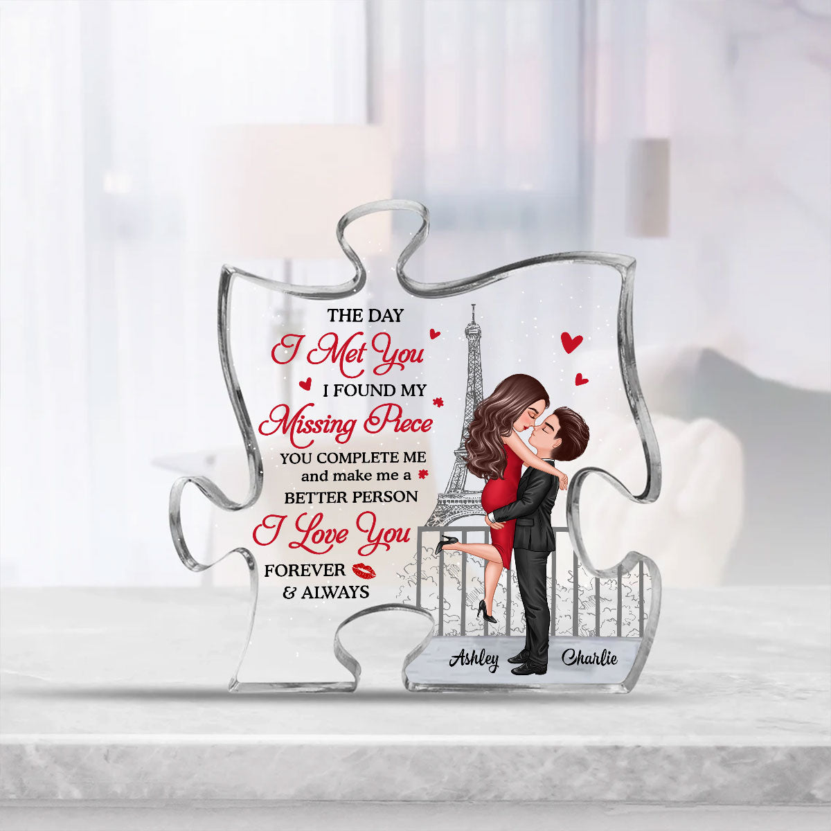 The Day I Met You I Found My Missing Piece, Personalized Couple Puzzle Shaped Acrylic Plaque, Gift For Husband Wife, Anniversary, LGBTQ+