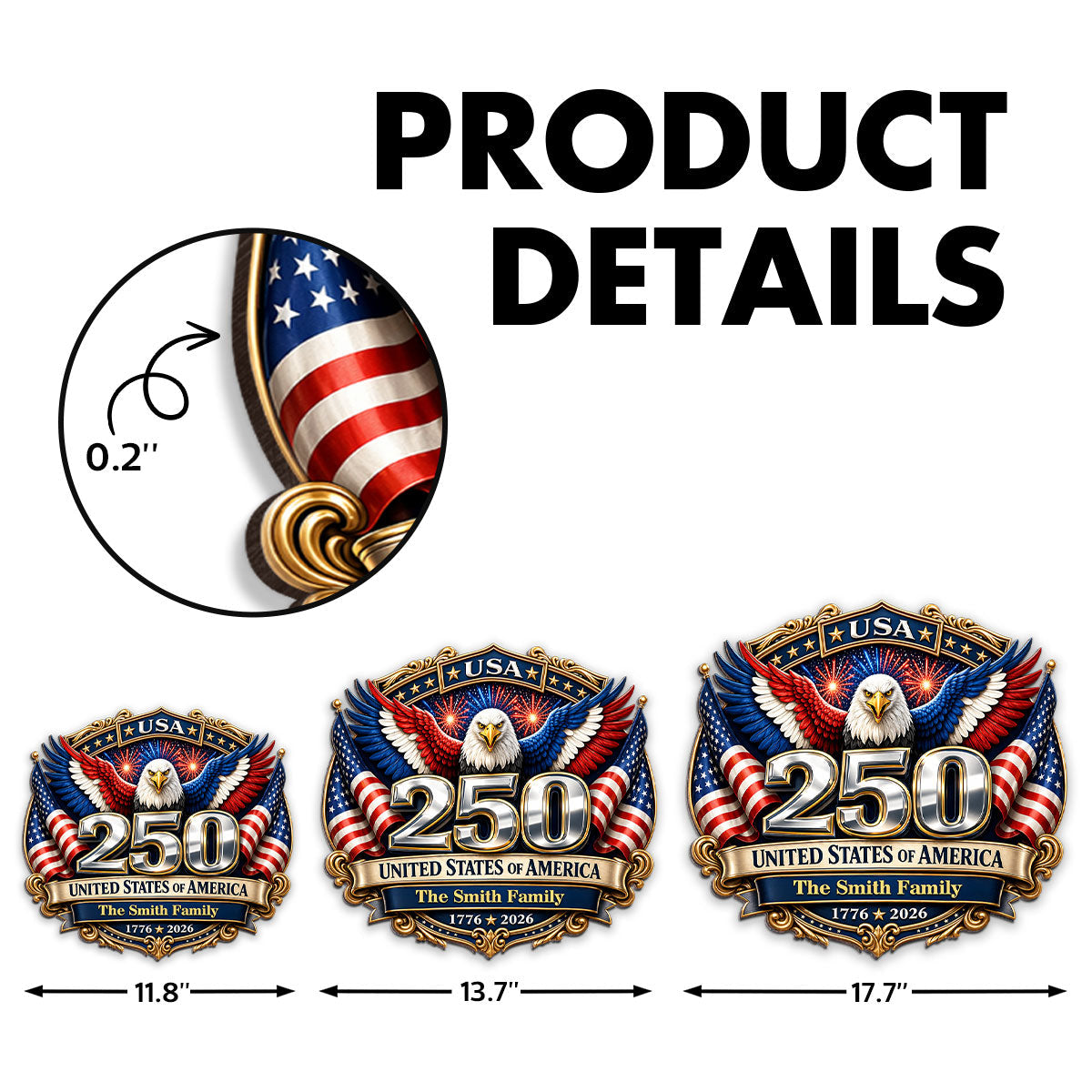250th Anniversary America Patriotic Eagle - Personalized Wooden Sign - 250 Years of Freedom, Family Decoration