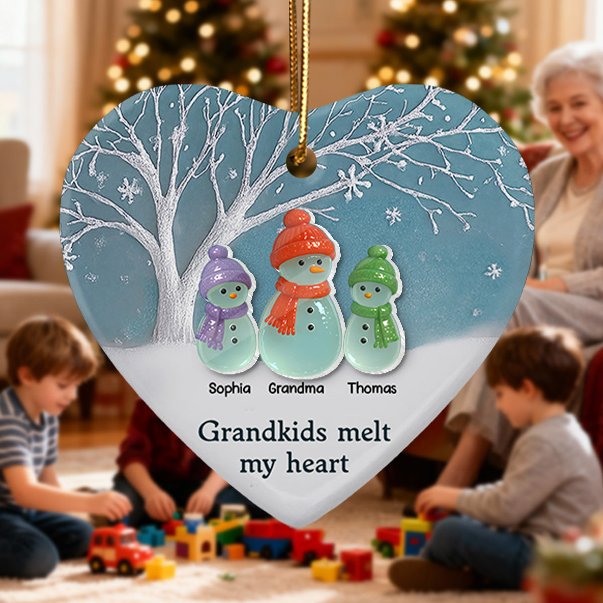 3D Sea Glass Effect Snowman Grandma & Grandkids - Personalized Ceramic Ornament With Acrylic Pieces - Christmas Gift For Grandchildren, Grandma