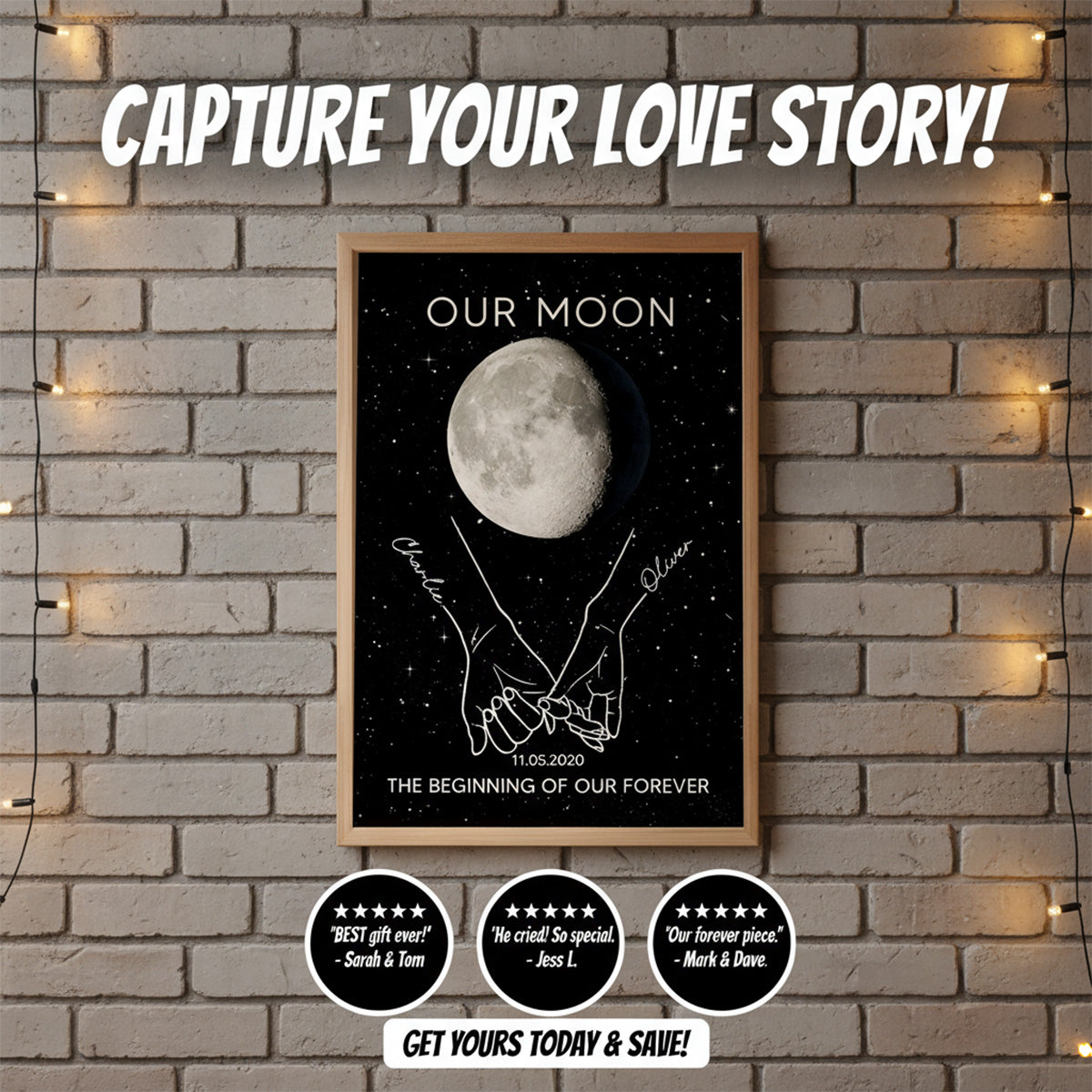 Couple Holding Hands Line Art Custom Moon Phase Anniversary Date - Personalized Poster - Gift For Couple