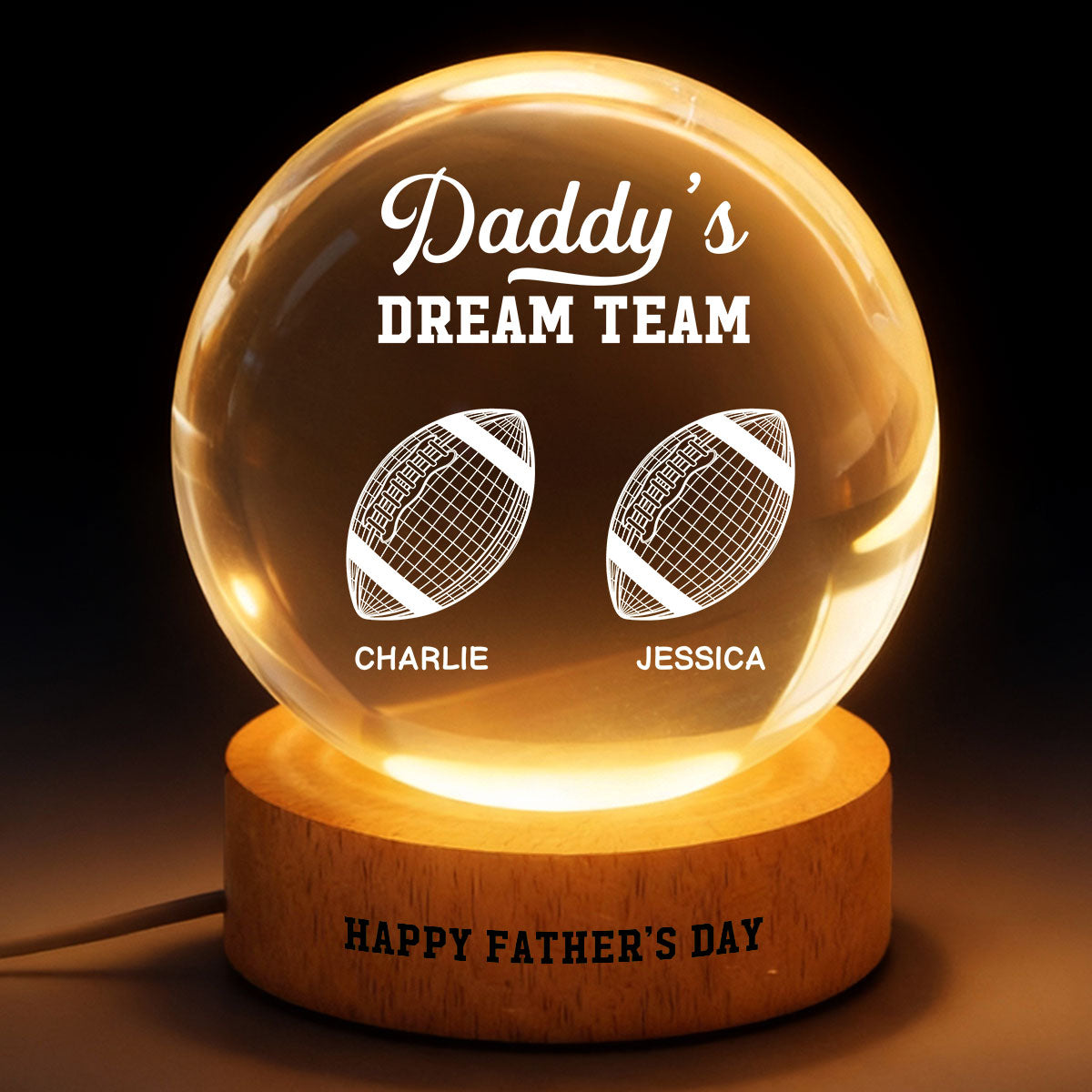 American Football Daddy's Dream Team Illusion Style - Personalized Crystal Ball LED Night Light -  Gift For Dad, Husband