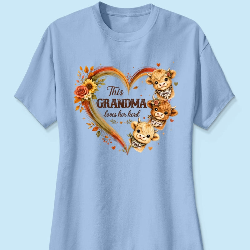 Grandma Herd Heart Highland Cow - Personalized Shirt - Cozy Fall Shirt for Grandma
