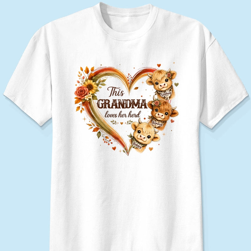 Grandma Herd Heart Highland Cow - Personalized Shirt - Cozy Fall Shirt for Grandma