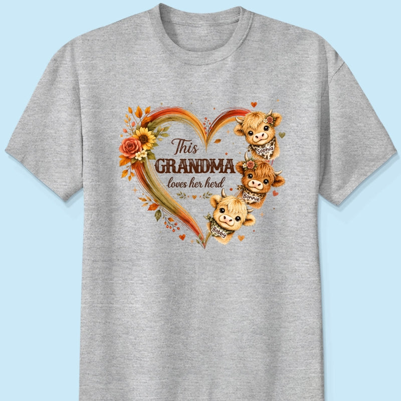 Grandma Herd Heart Highland Cow - Personalized Shirt - Cozy Fall Shirt for Grandma