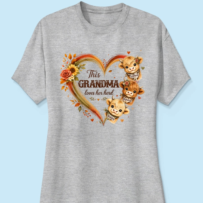 Grandma Herd Heart Highland Cow - Personalized Shirt - Cozy Fall Shirt for Grandma