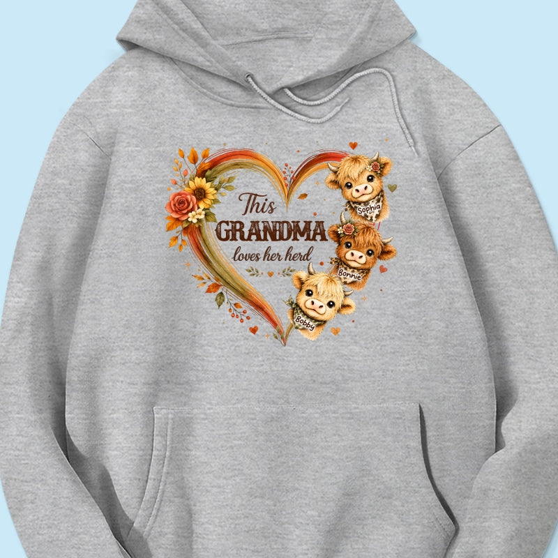 Grandma Herd Heart Highland Cow - Personalized Shirt - Cozy Fall Shirt for Grandma