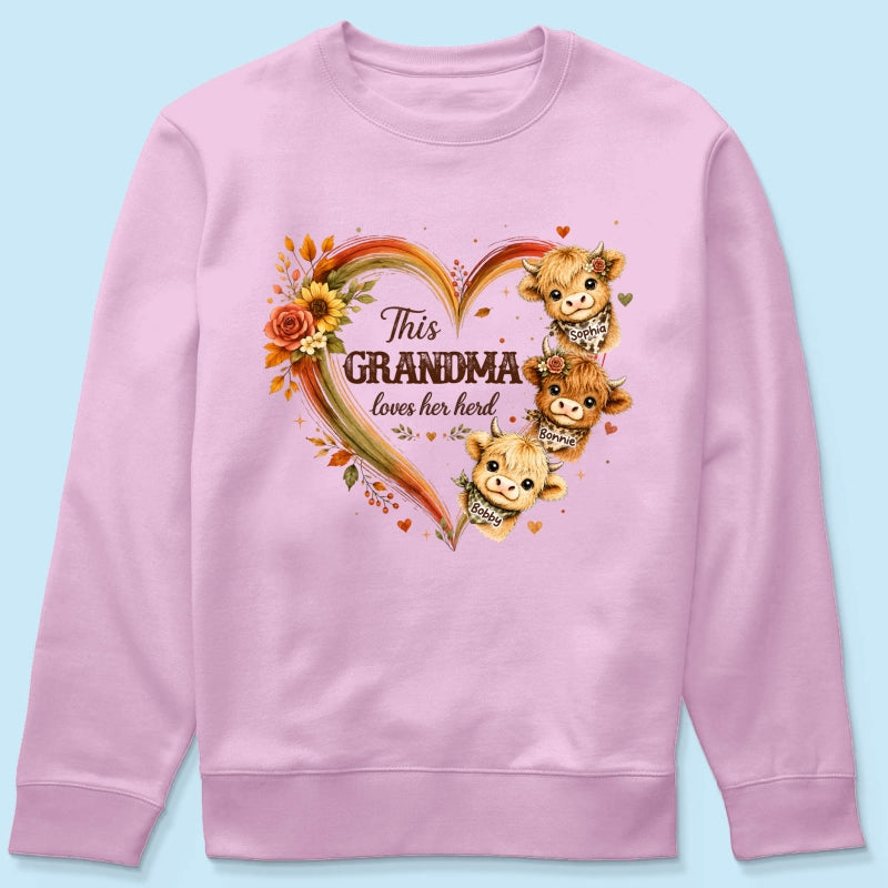 Grandma Herd Heart Highland Cow - Personalized Shirt - Cozy Fall Shirt for Grandma