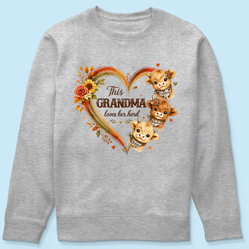Grandma Herd Heart Highland Cow - Personalized Shirt - Cozy Fall Shirt for Grandma