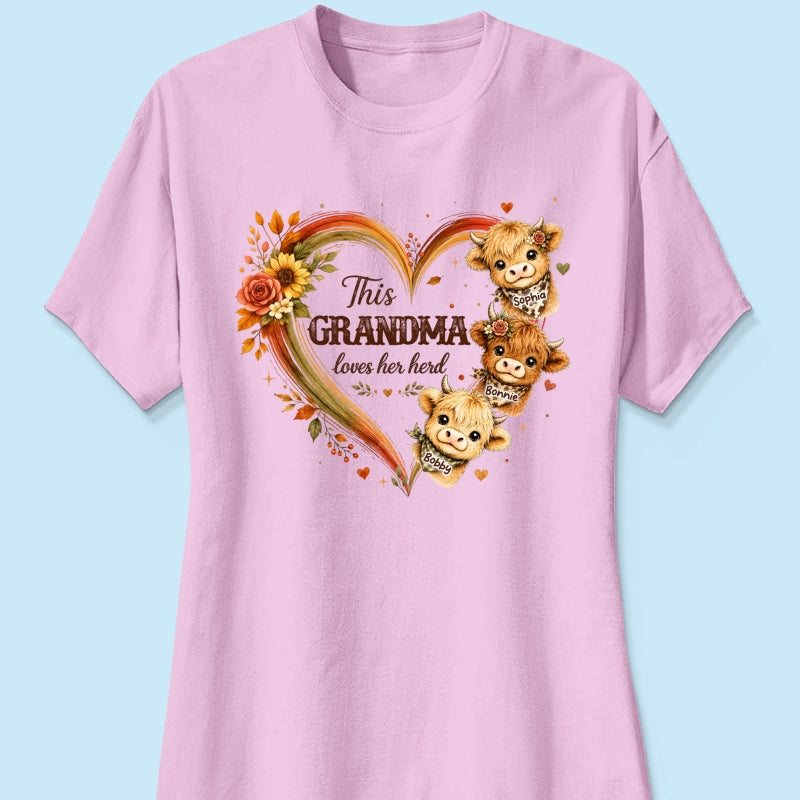 Grandma Herd Heart Highland Cow - Personalized Shirt - Cozy Fall Shirt for Grandma