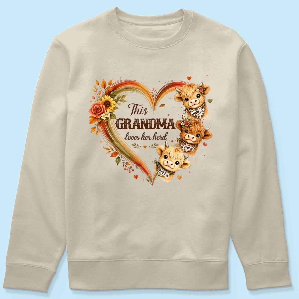 Grandma Herd Heart Highland Cow - Personalized Shirt - Cozy Fall Shirt for Grandma