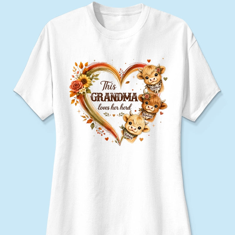 Grandma Herd Heart Highland Cow - Personalized Shirt - Cozy Fall Shirt for Grandma