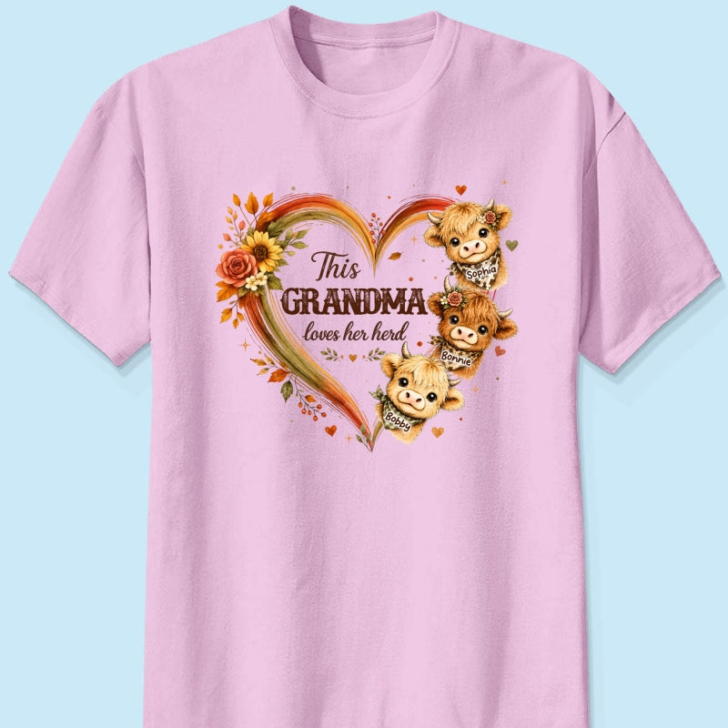 Grandma Herd Heart Highland Cow - Personalized Shirt - Cozy Fall Shirt for Grandma