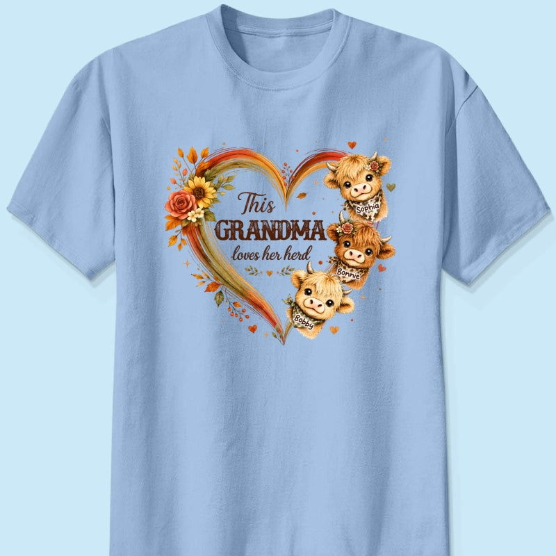 Grandma Herd Heart Highland Cow - Personalized Shirt - Cozy Fall Shirt for Grandma