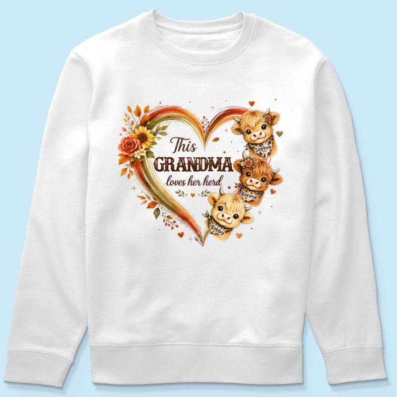 Grandma Herd Heart Highland Cow - Personalized Shirt - Cozy Fall Shirt for Grandma