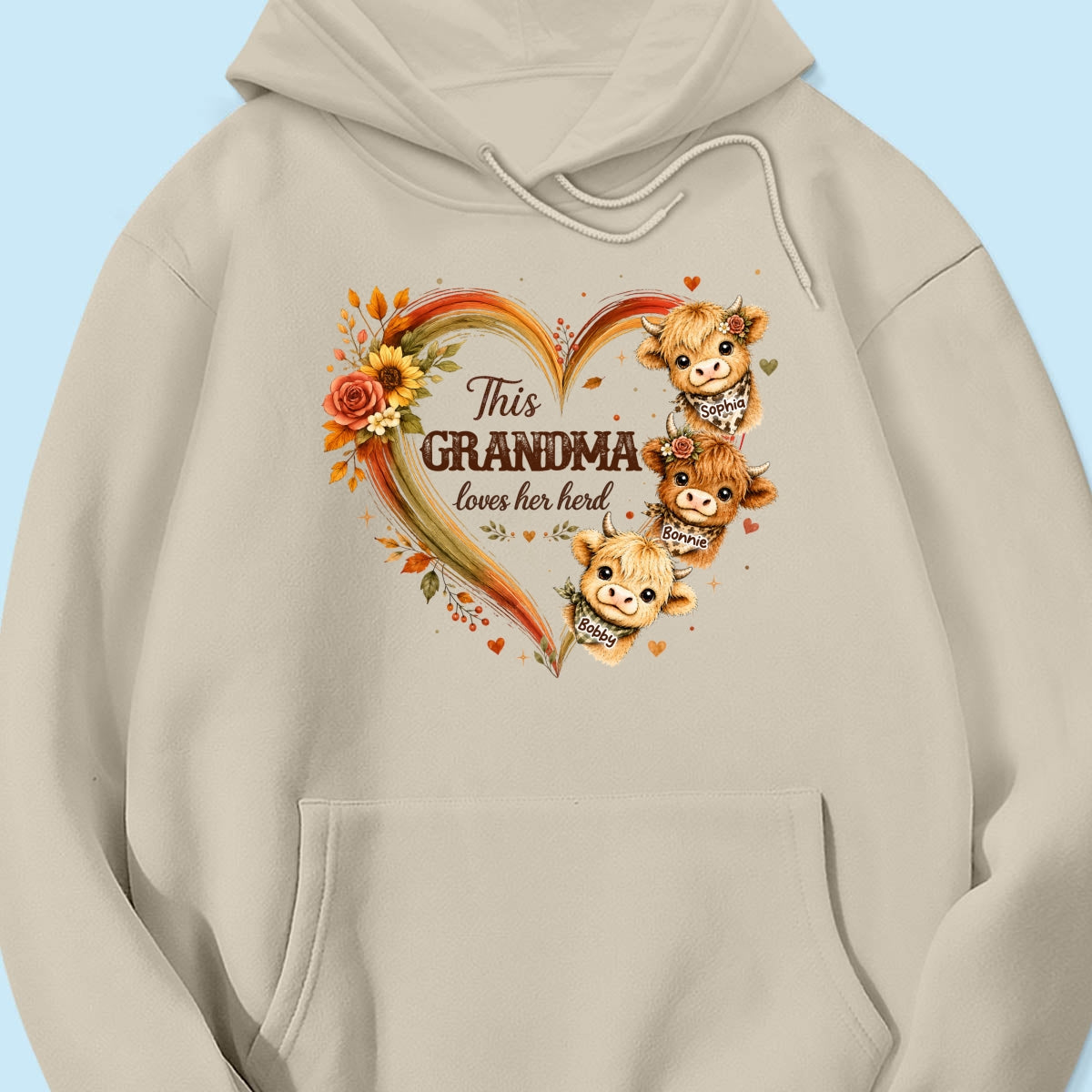 Grandma Herd Heart Highland Cow - Personalized Shirt - Cozy Fall Shirt for Grandma
