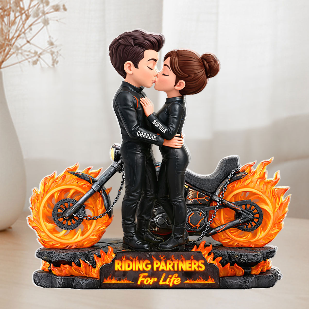 Biker Couple Fire - Personalized Acrylic Block Plaque - Sentimental Gift for Her, for Him