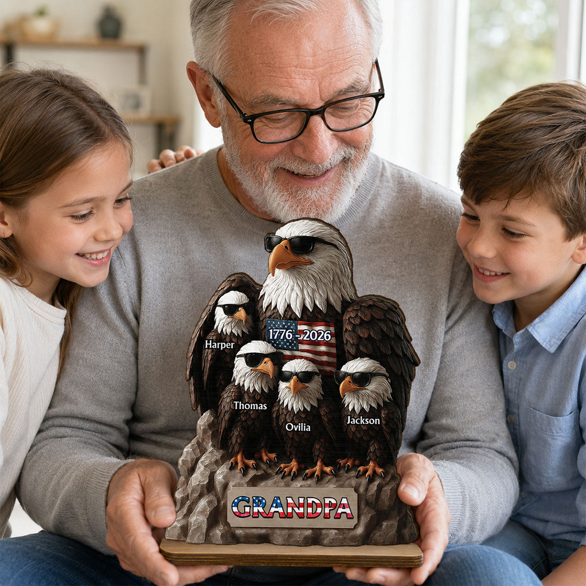 America 250th Anniversary Patriotic Eagle Grandpa Dad & Kids - Personalized 2-Layered Wooden Plaque -  Gift, 250th Anniversary Gift, Keepsake For Grandpa, Dad