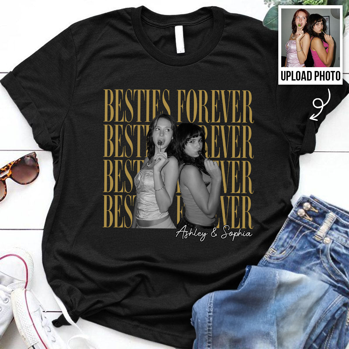 Retro Vintage Besties Upload Photo - Personalized Shirt - Birthday Gift For Best Friends, Matching Friends Group T-shirt