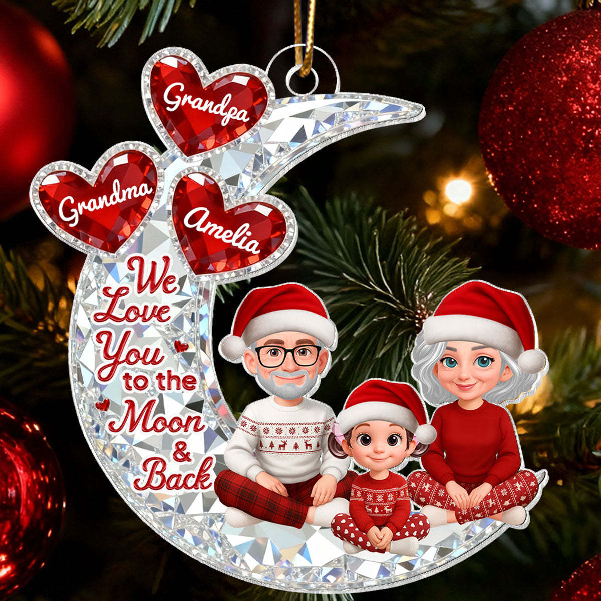 3D Effect Flat Moon Grandpa Grandma Grandkid Love You To The Moon And Back - Personalized Acrylic Ornament - Christmas Gift For All Grandkids