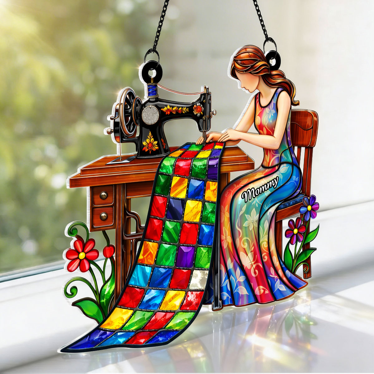 Mom Grandma Sewing Colorful Quilt - Personalized Suncatcher - Gift For Mom, Grandma