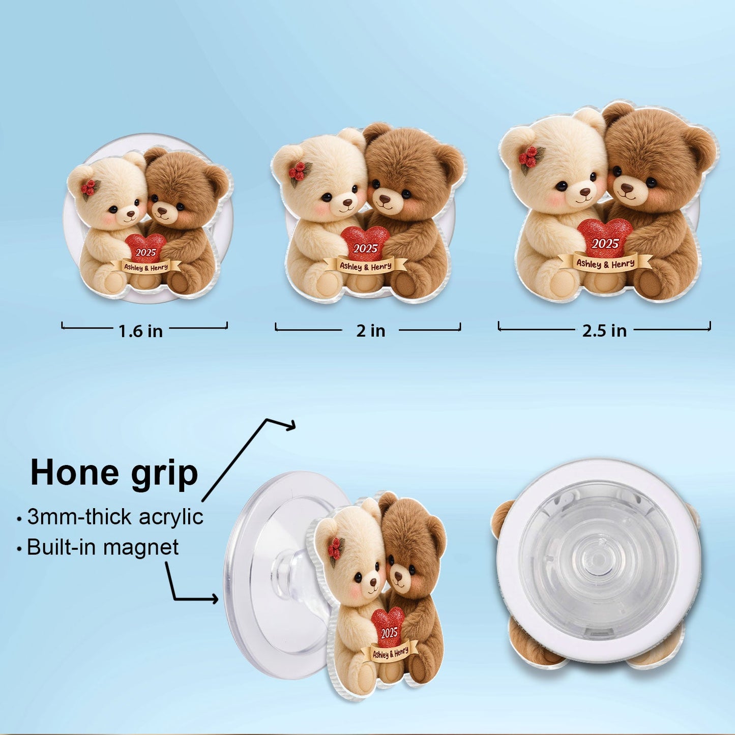Loving Bear Couple - Personalized Acrylic Magnetic Phone Grip - Gift for him, for her, Matching Phone Grips for Couple