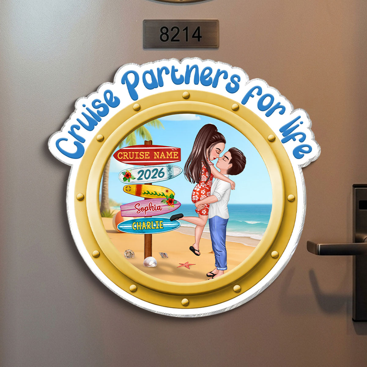 Cruise Partners For Life Porthole Doll Couple Hugging Kissing At Beach - Personalized Cruise Ship Door Magnet