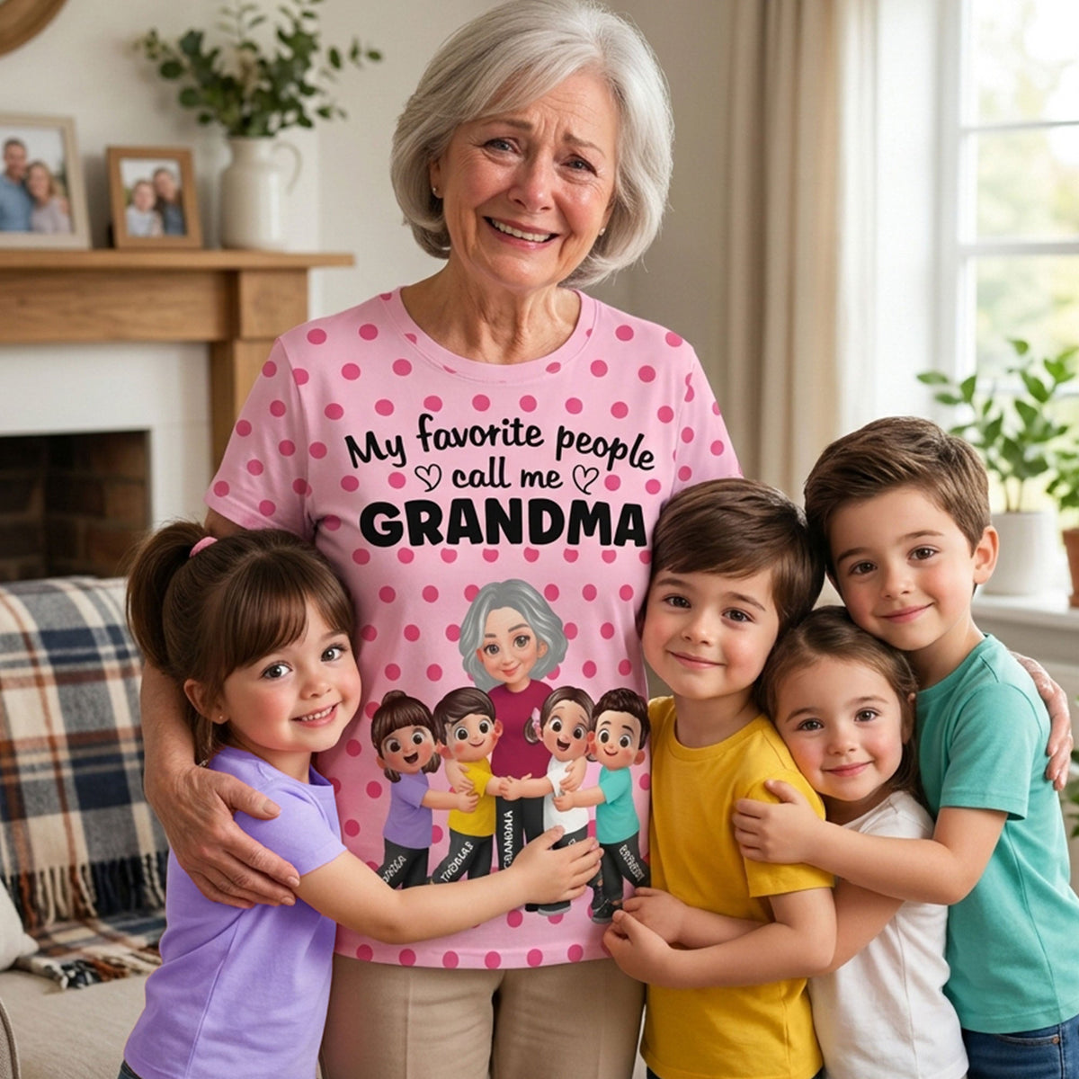 Grandma Grandkids Hugging Polka Dot Pattern - Personalized Shirt - Gift For Grandma, Mom
