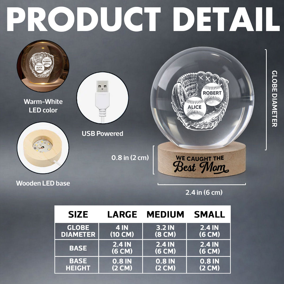 We Caught The Best Mom Baseball In Glove - Personalized Crystal Ball LED Night Light - Mother's Day Gift For Baseball Mom