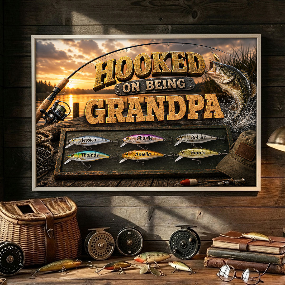 Hooked On Being Grandpa Fishing - Personalized Poster - Father's Day Gift For Dad, Grandpa